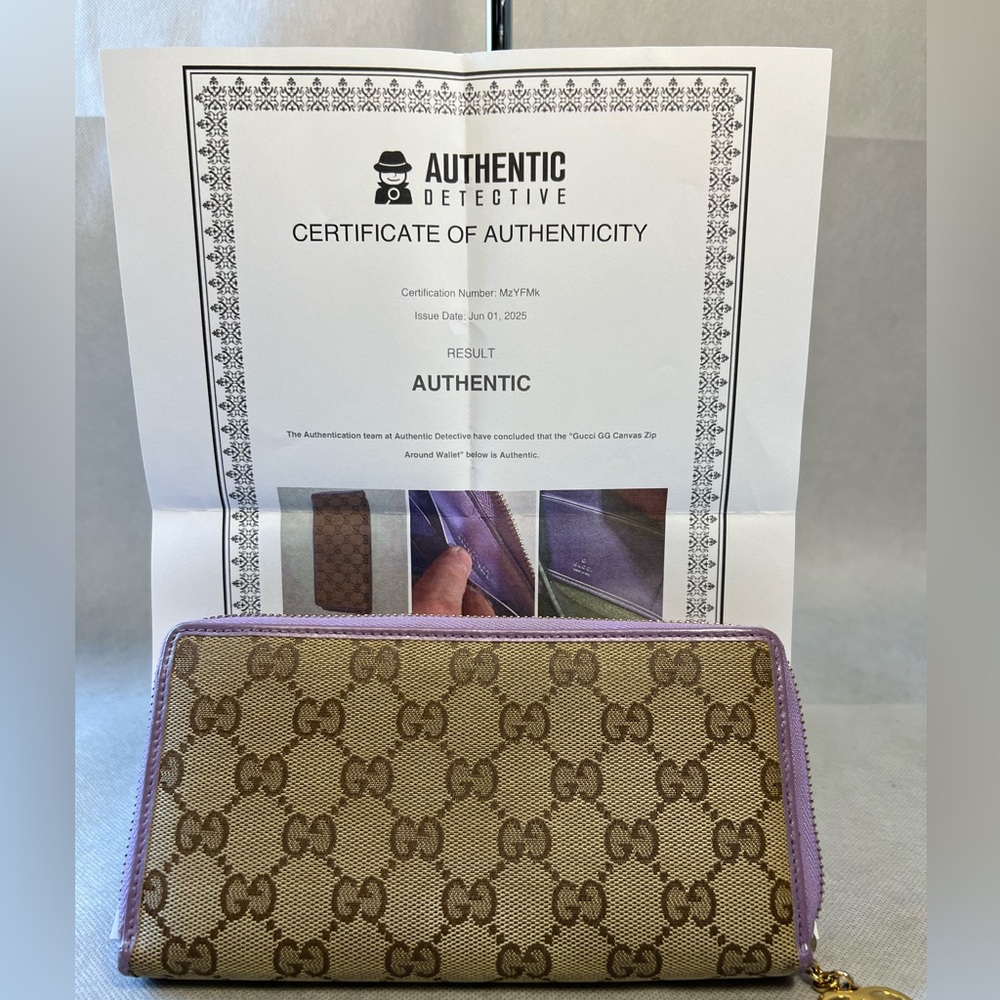 GUCCI Brown/Purple Shimmer GG Canvas Leather Zippy Wallet With Certification